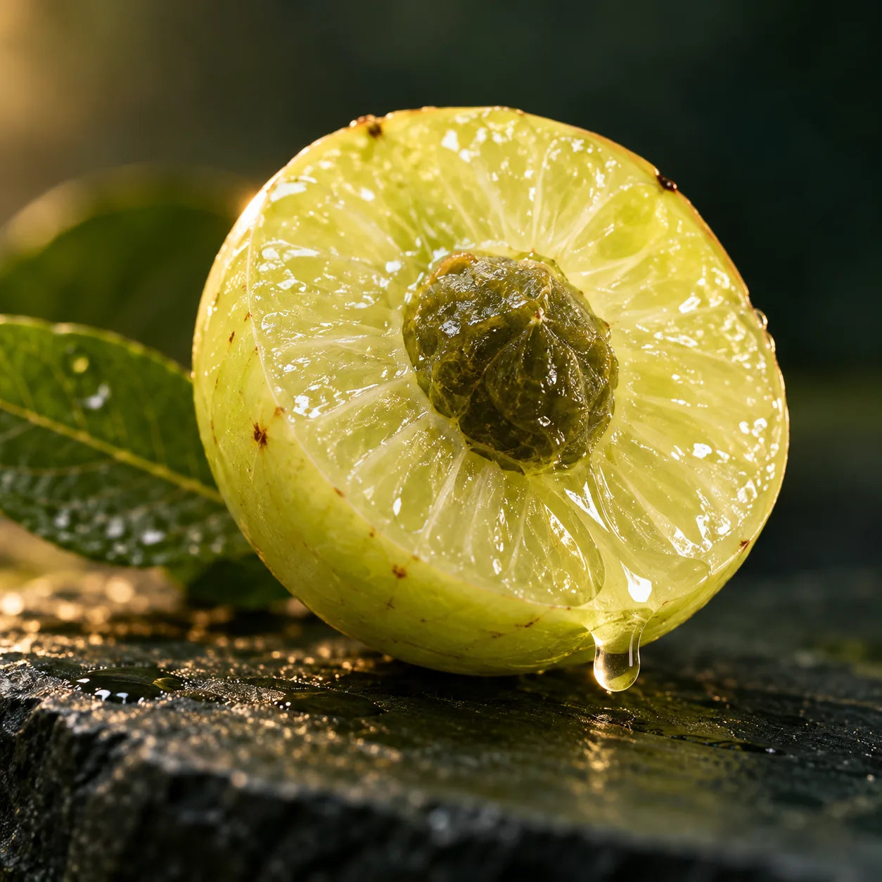 Un amla abierto con una gota de agua