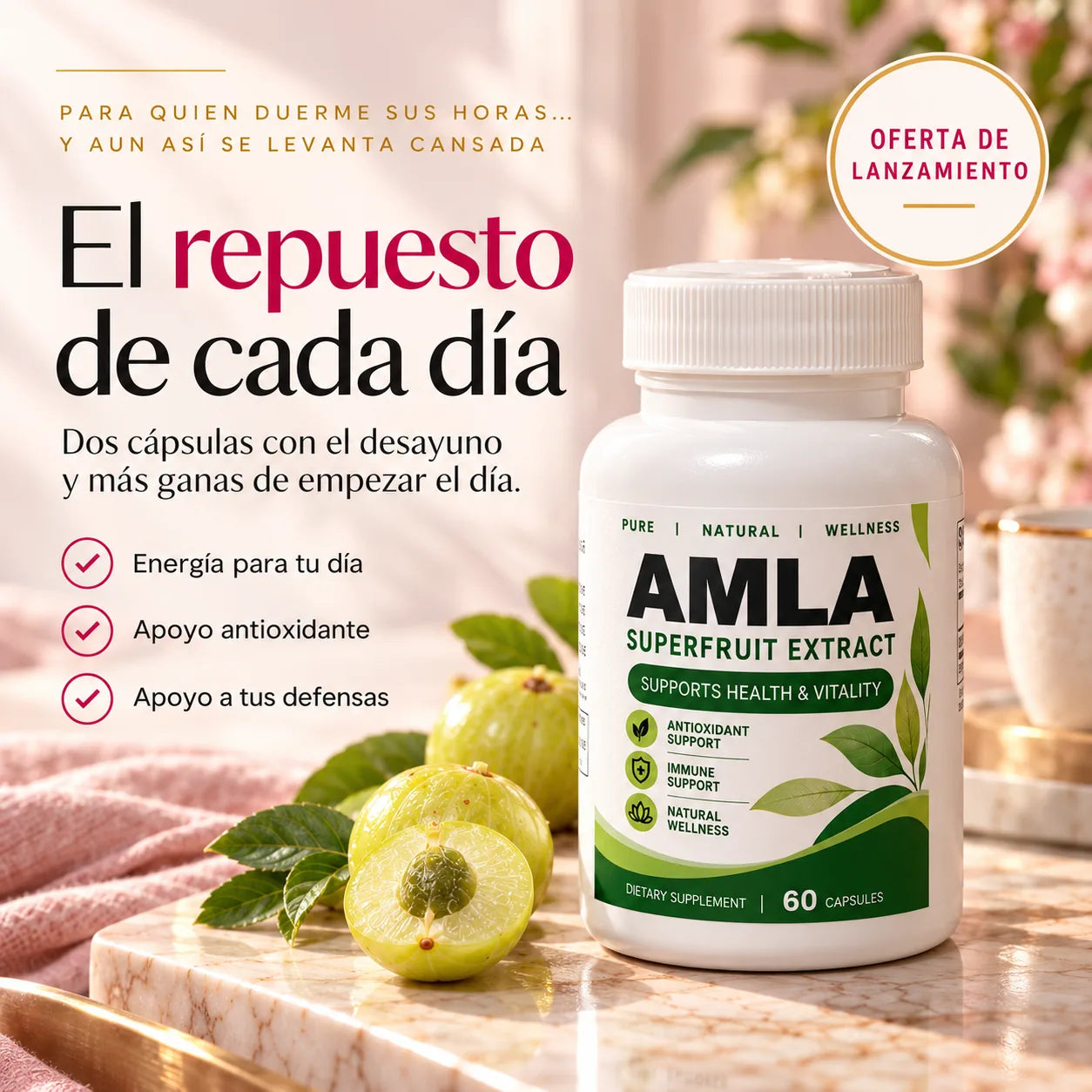 Bote de AMLA, extracto de fruta de amla, con el titular «El repuesto de cada día»