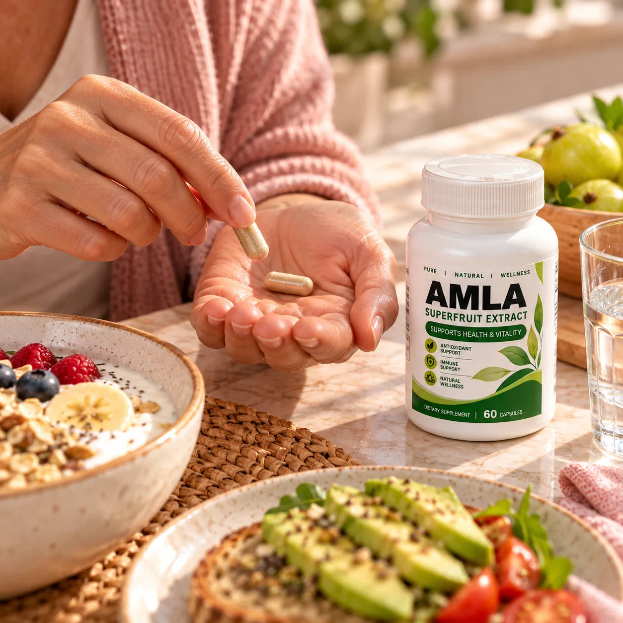 Mano con dos cápsulas de amla junto al desayuno