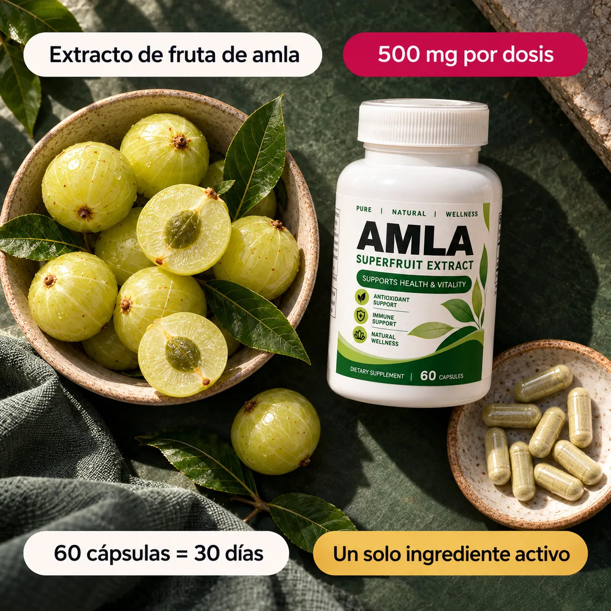 Fruta de amla, cápsulas y bote de AMLA con sus datos