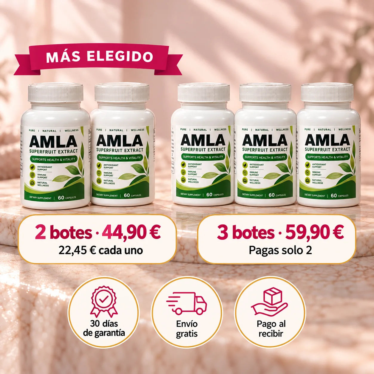 Packs de 2 y 3 botes de AMLA con precio, envío gratis y pago al recibir