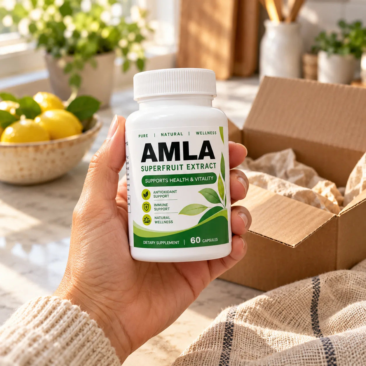 Mano sosteniendo el bote de AMLA con la caja de envío abierta detrás