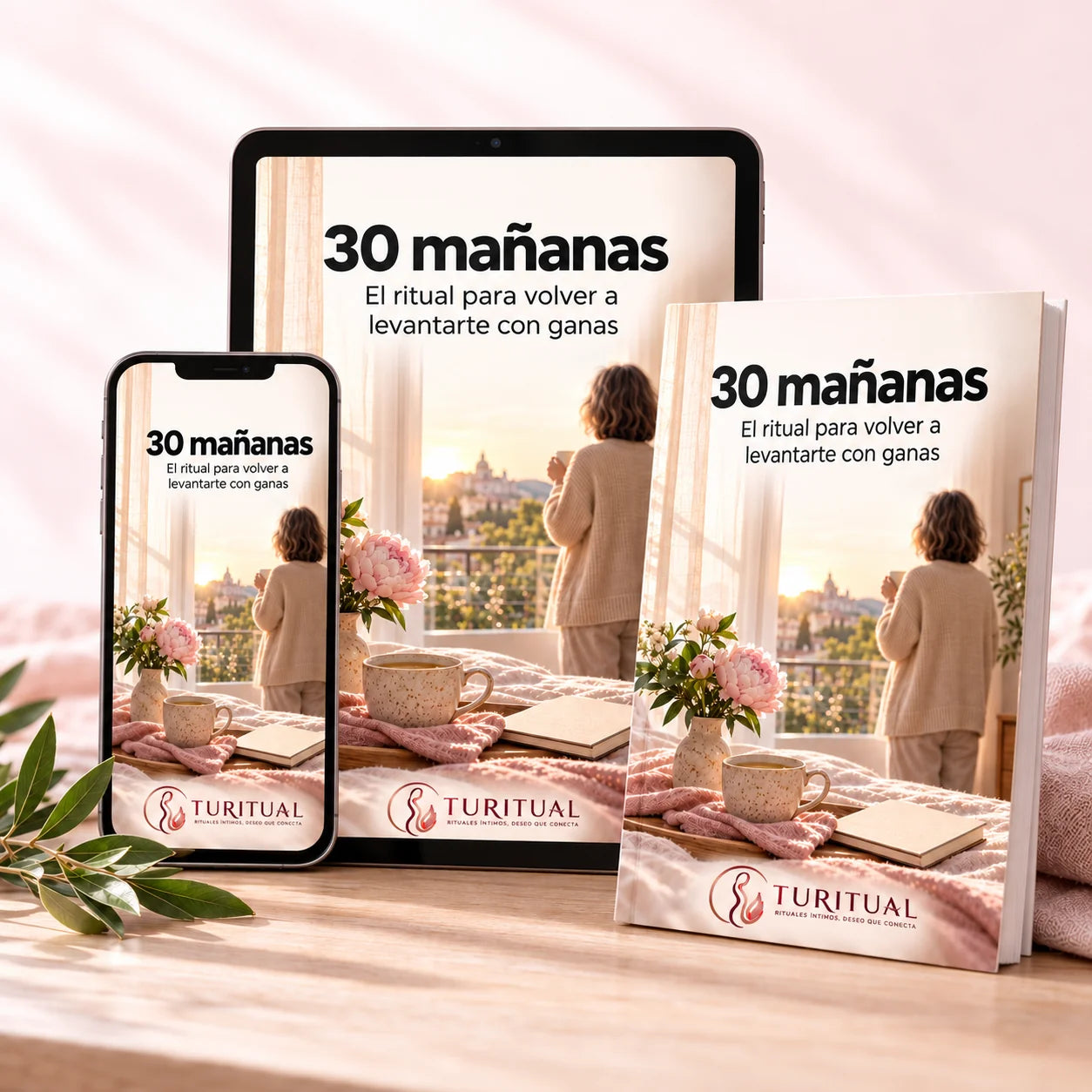 Ebook «30 mañanas» de TuRitual en tablet, móvil y libro impreso