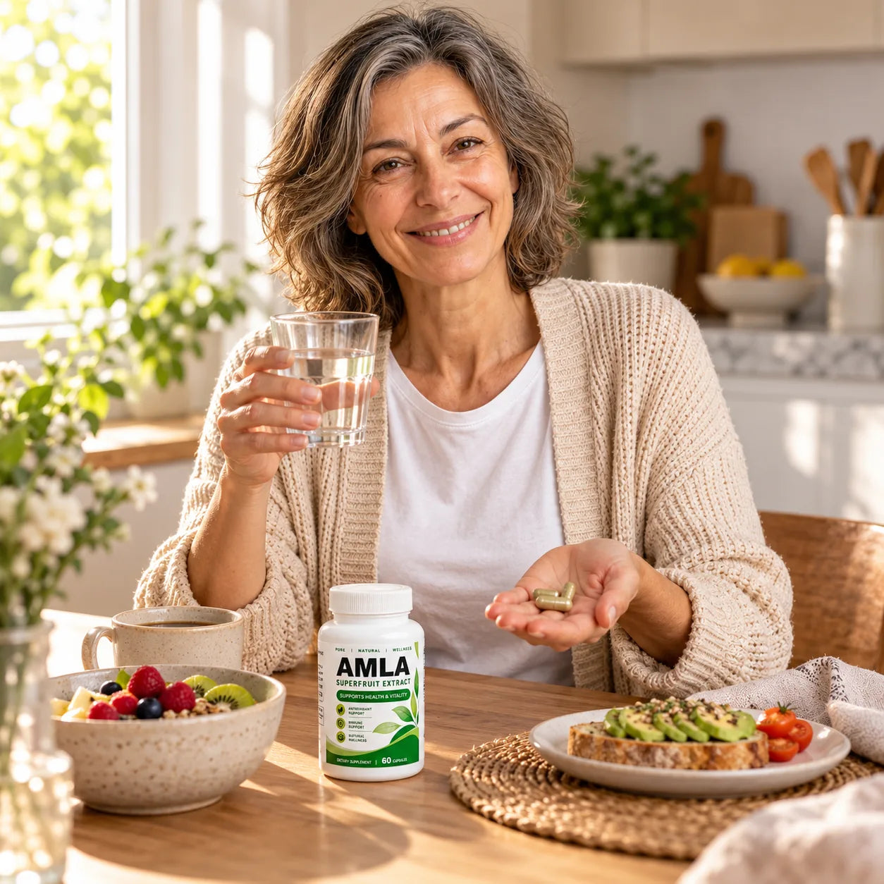 Mujer desayunando con dos cápsulas y un vaso de agua