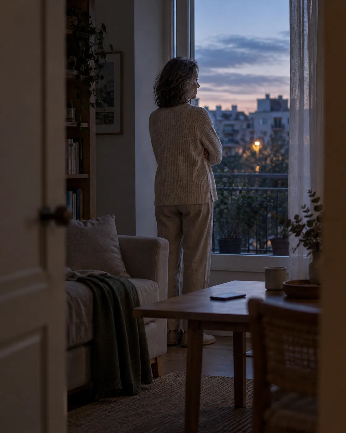 Mujer de espaldas junto a la ventana al atardecer