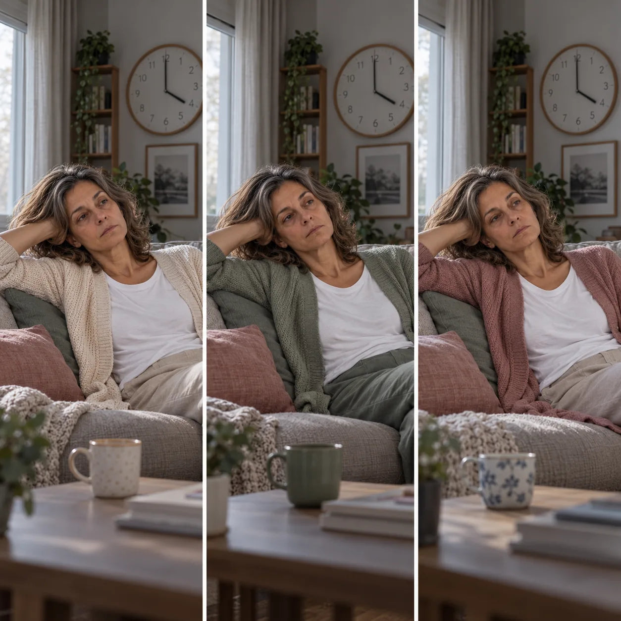 La misma mujer en el sofá tres días distintos, siempre igual