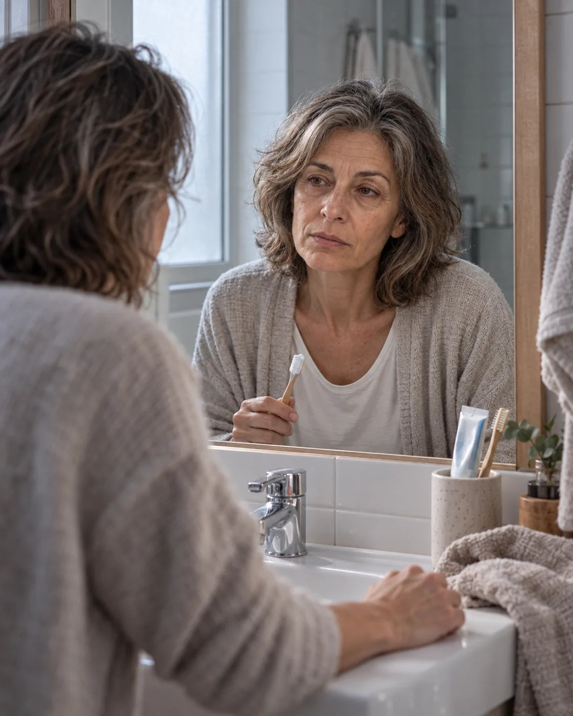Mujer mirándose cansada en el espejo del baño por la mañana