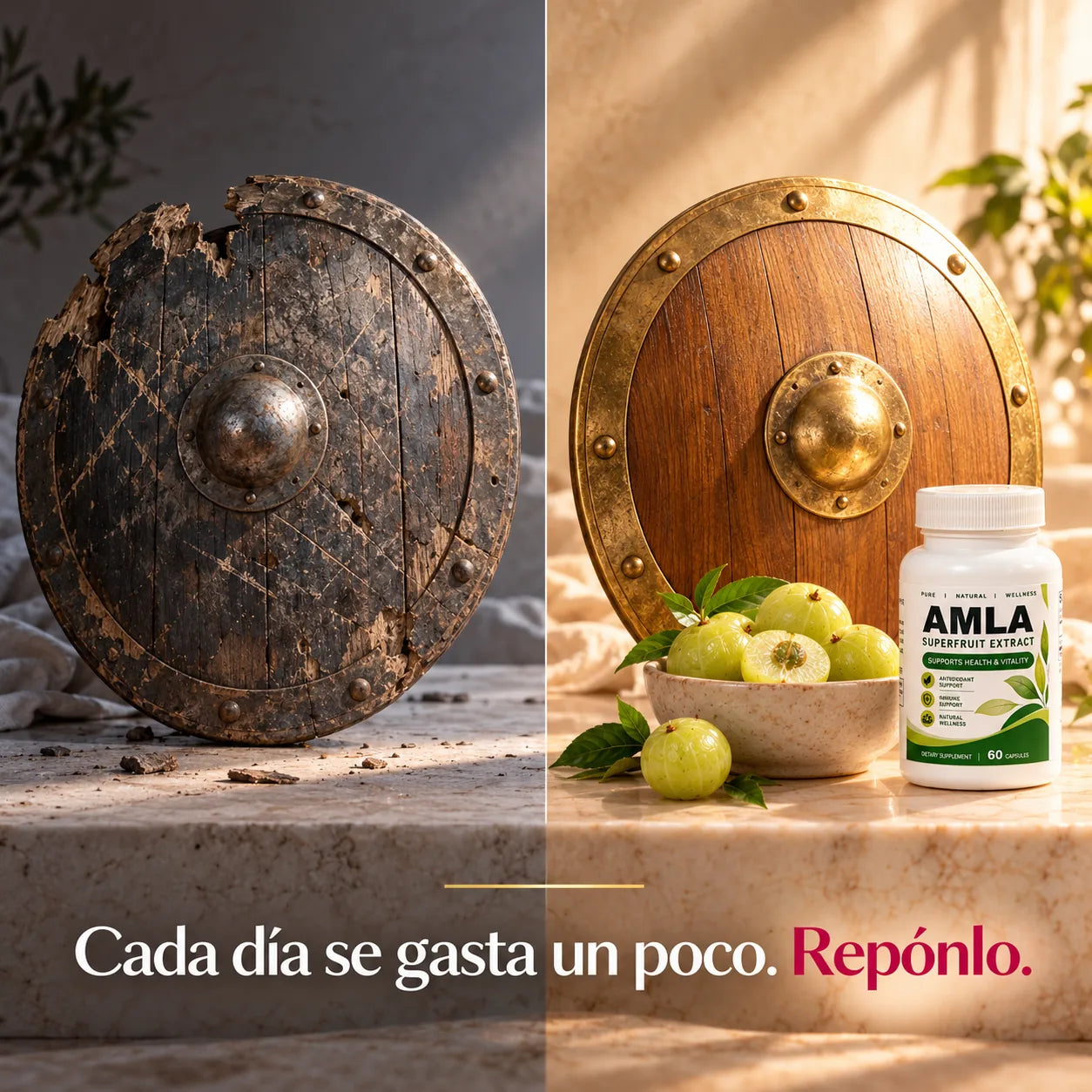 Un escudo gastado frente a un escudo restaurado junto al bote de AMLA