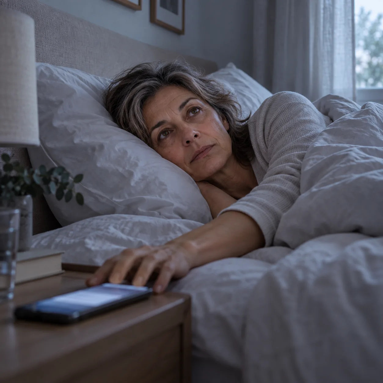 Mujer en la cama con la alarma pospuesta, ya cansada por la mañana
