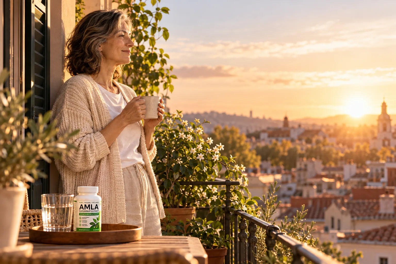 Amanecer sobre los tejados con una mujer en el balcón y el bote de AMLA